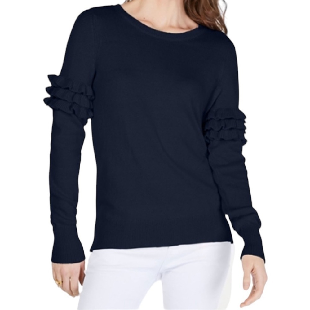 Michael Kors 100% Cotton Long Sleeve Round Neck Ruffle Sleeve Sweater Size Xl - Picture 2 of 14